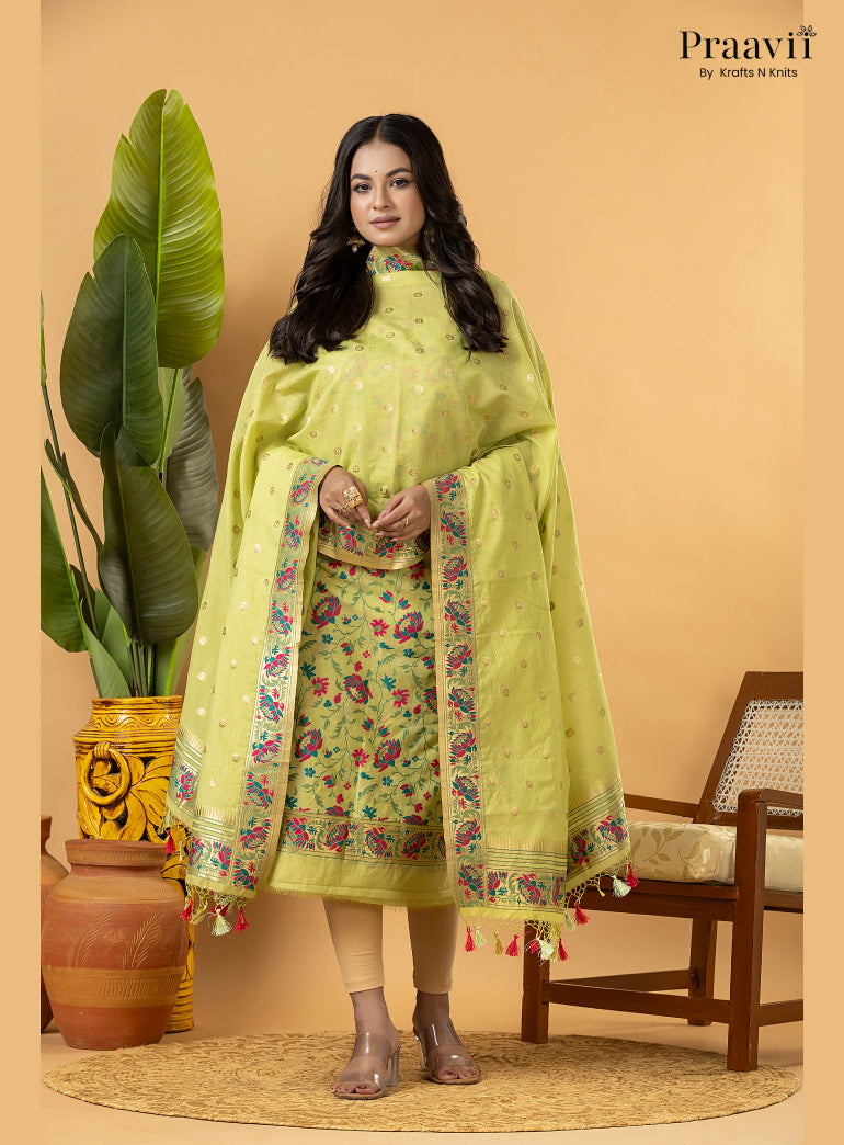 Yellow Banarasi Silk Suit Set with Meenakari Weaving