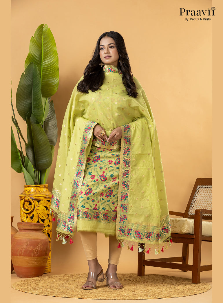 Yellow Banarasi Silk Suit Set with Meenakari Weaving