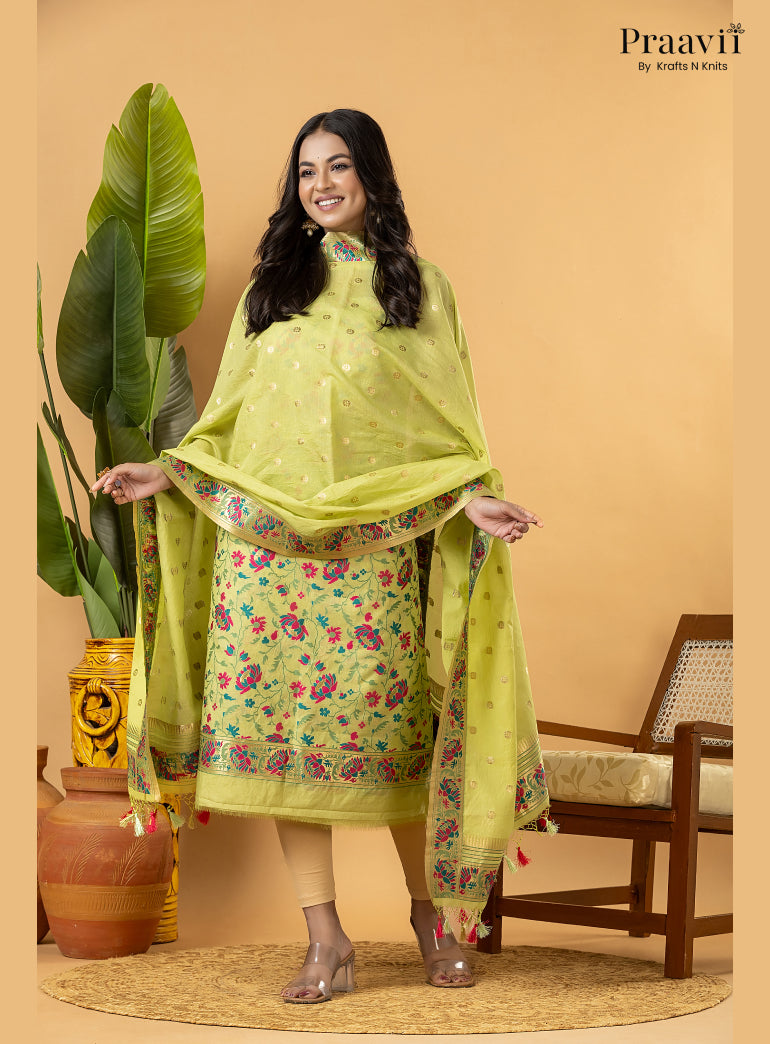 Yellow Banarasi Silk Suit Set with Meenakari Weaving