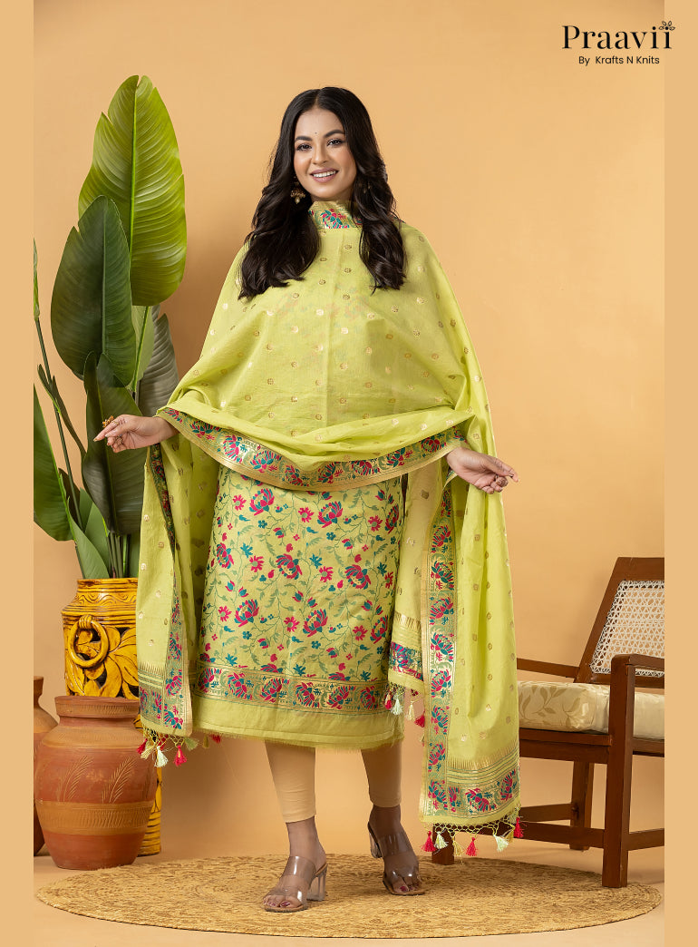 Yellow Banarasi Silk Suit Set with Meenakari Weaving