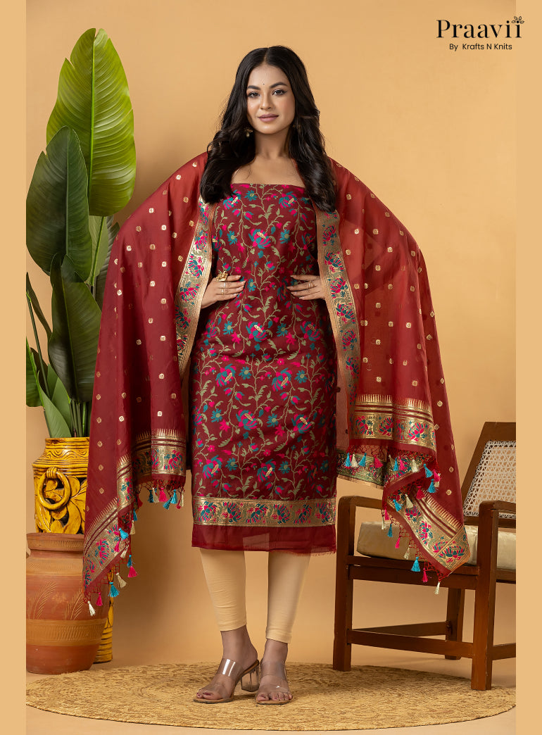 Maroon Banarasi Silk Suit Set with Meenakari Weaving