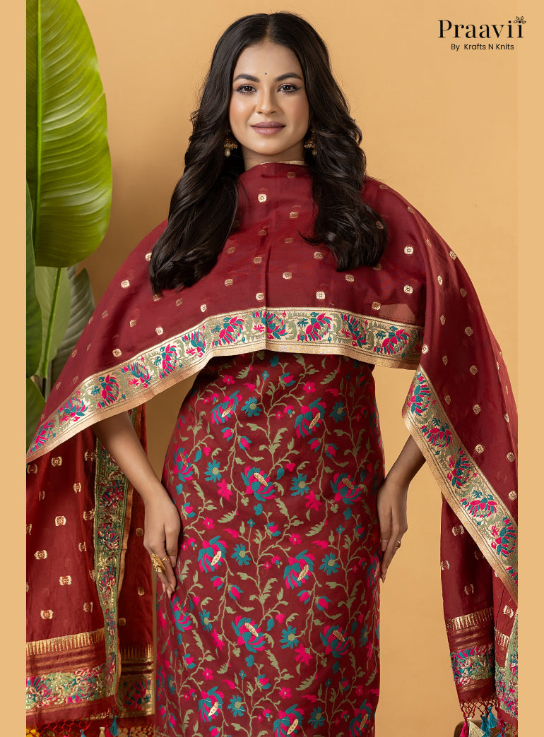 Maroon Banarasi Silk Suit Set with Meenakari Weaving