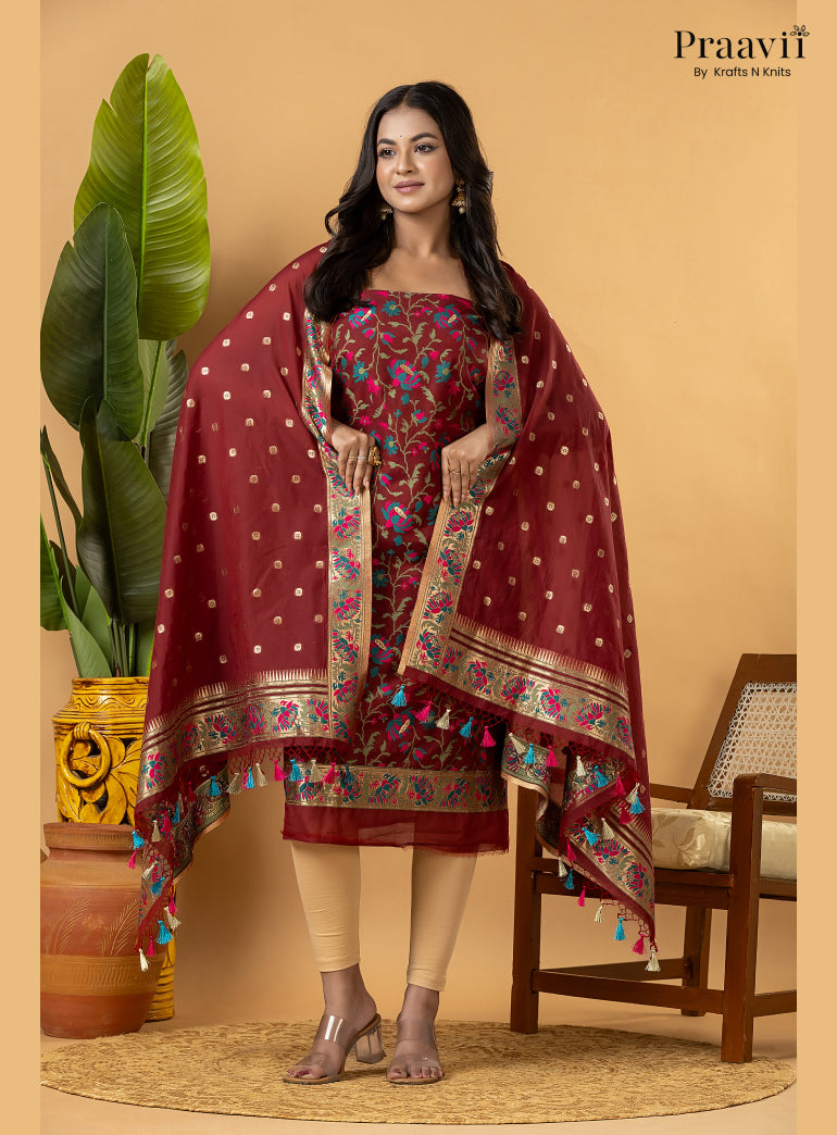 Maroon Banarasi Silk Suit Set with Meenakari Weaving