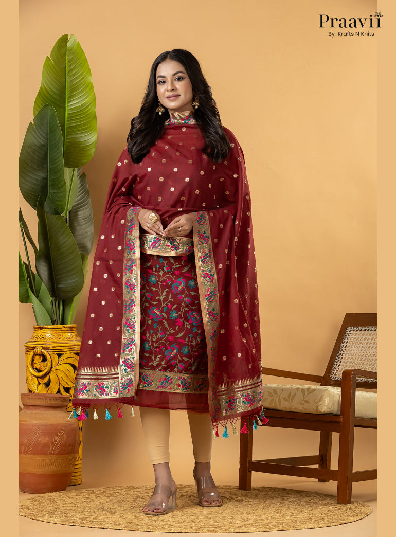 Maroon Banarasi Silk Suit Set with Meenakari Weaving