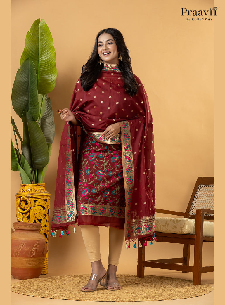 Maroon Banarasi Silk Suit Set with Meenakari Weaving