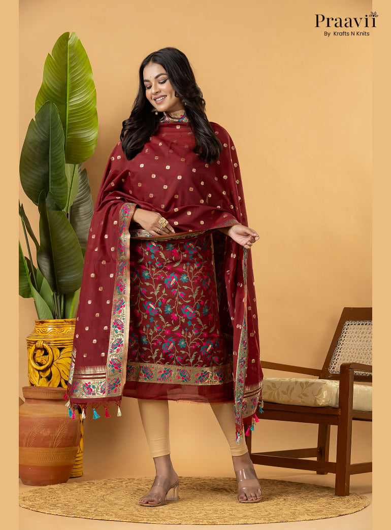 Maroon Banarasi Silk Suit Set with Meenakari Weaving