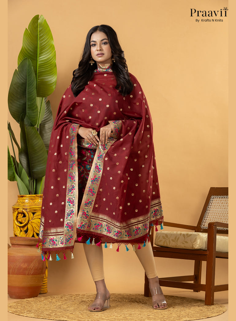 Maroon Banarasi Silk Suit Set with Meenakari Weaving