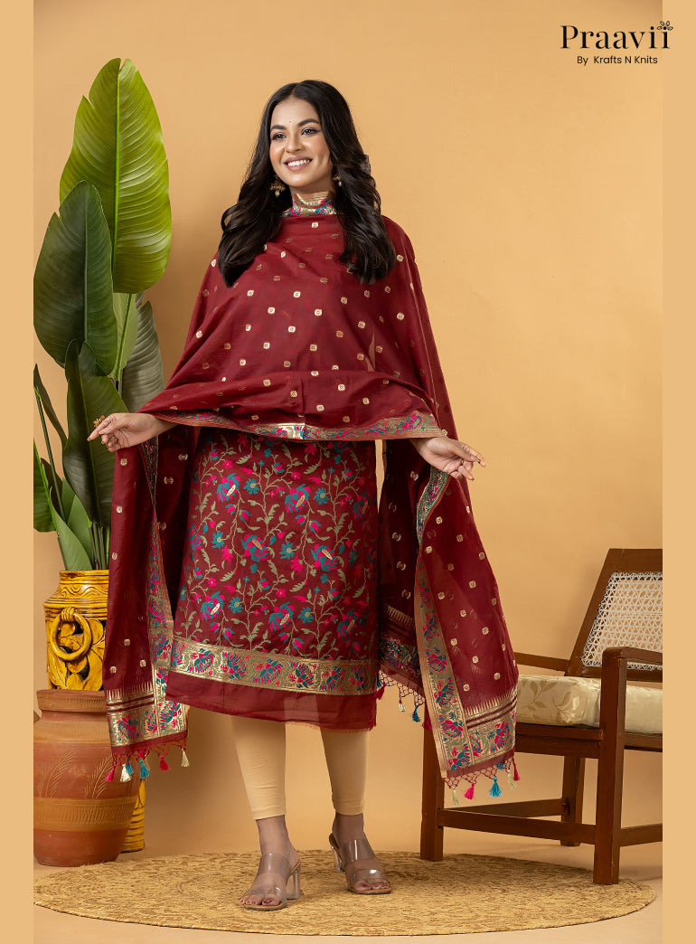 Maroon Banarasi Silk Suit Set with Meenakari Weaving