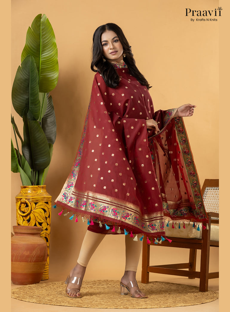 Maroon Banarasi Silk Suit Set with Meenakari Weaving