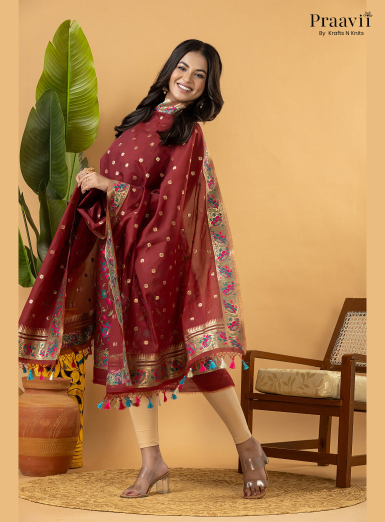 Maroon Banarasi Silk Suit Set with Meenakari Weaving