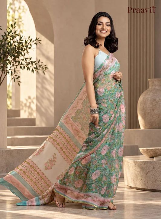 Soft Green Pure Chiffon Saree with Hand Block Print