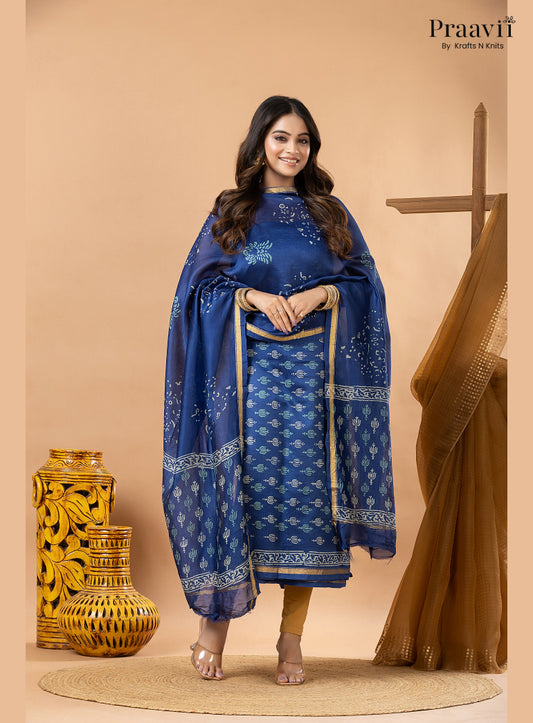 Sapphire Blue Chanderi Silk Handblock Print 2-Piece Suit Set