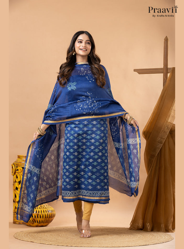 Sapphire Blue Chanderi Silk Handblock Print 2-Piece Suit Set