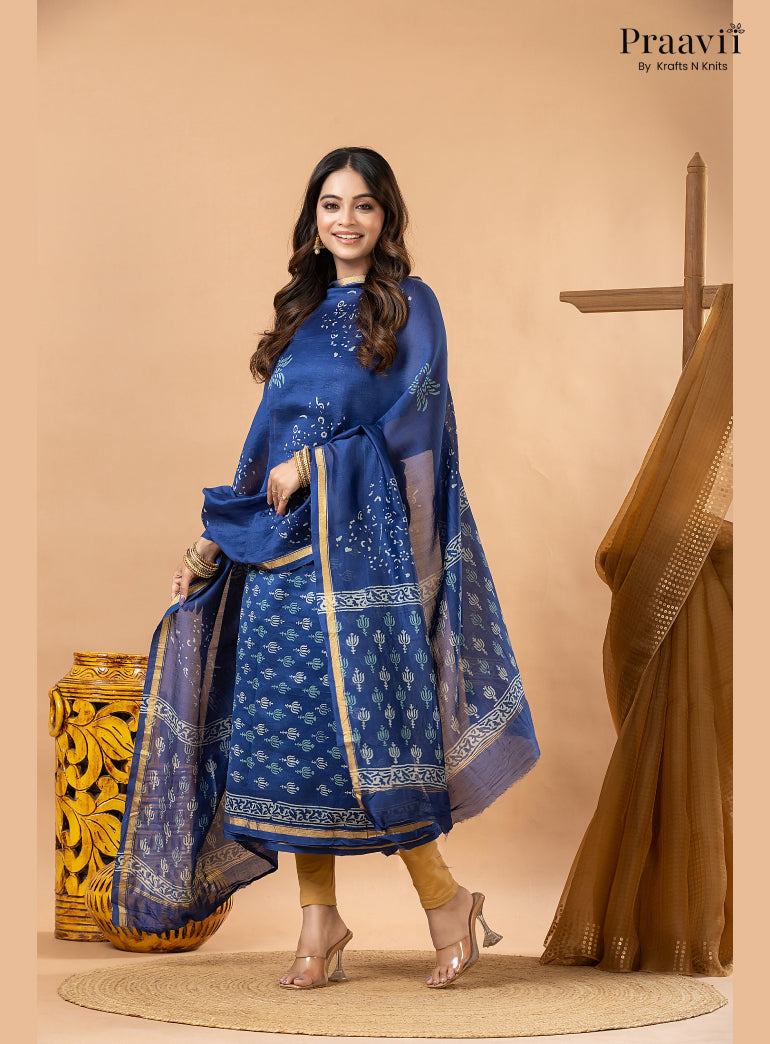 Sapphire Blue Chanderi Silk Handblock Print 2-Piece Suit Set