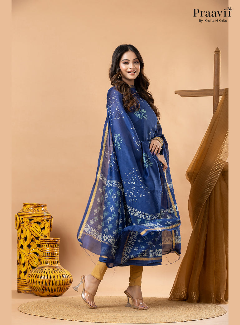 Sapphire Blue Chanderi Silk Handblock Print 2-Piece Suit Set