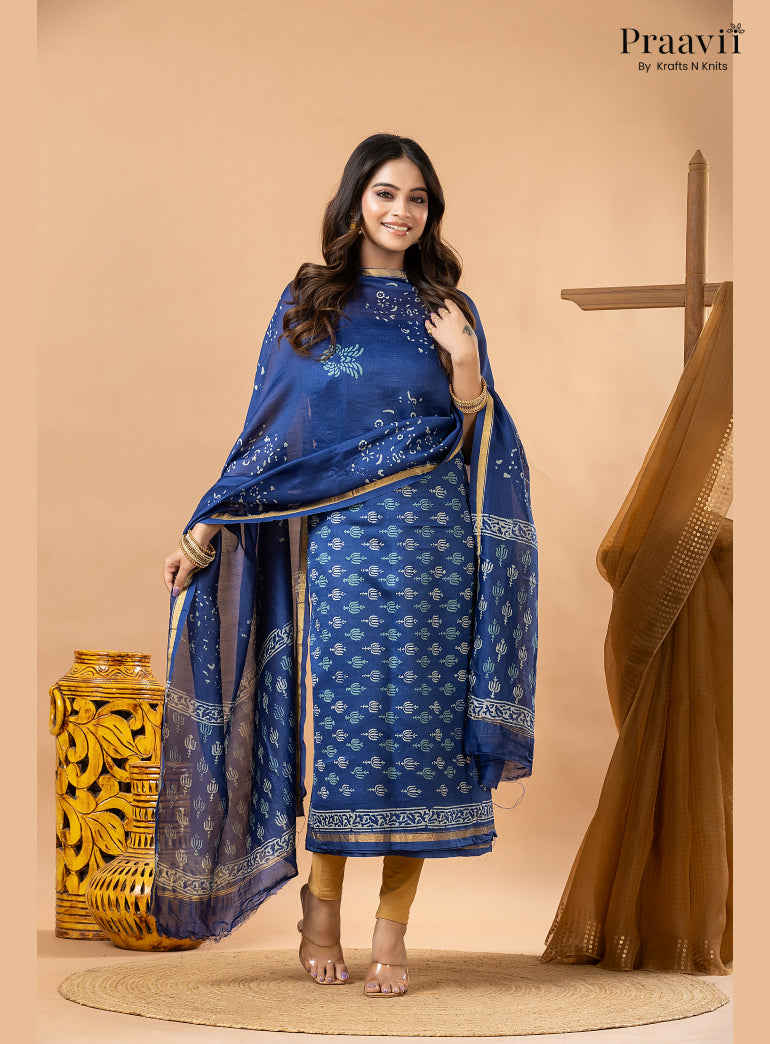 Sapphire Blue Chanderi Silk Handblock Print 2-Piece Suit Set