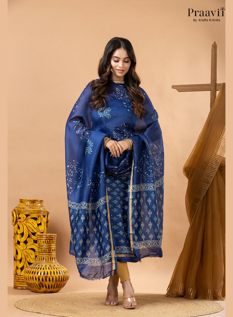 Sapphire Blue Chanderi Silk Handblock Print 2-Piece Suit Set