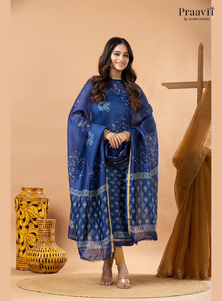 Sapphire Blue Chanderi Silk Handblock Print 2-Piece Suit Set