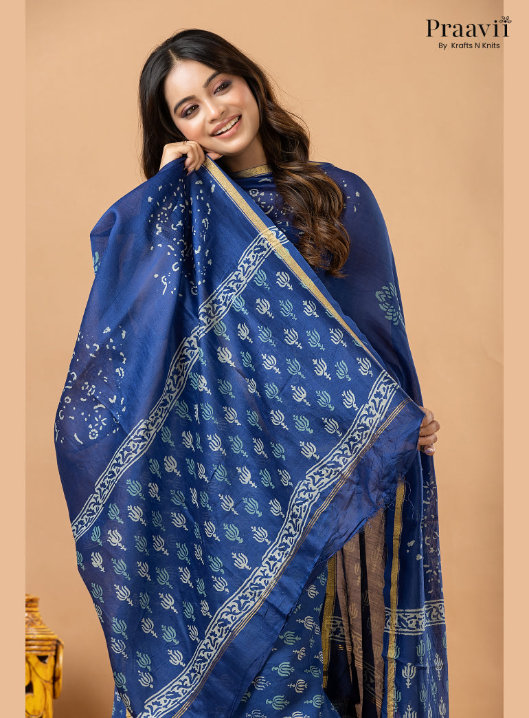 Sapphire Blue Chanderi Silk Handblock Print 2-Piece Suit Set