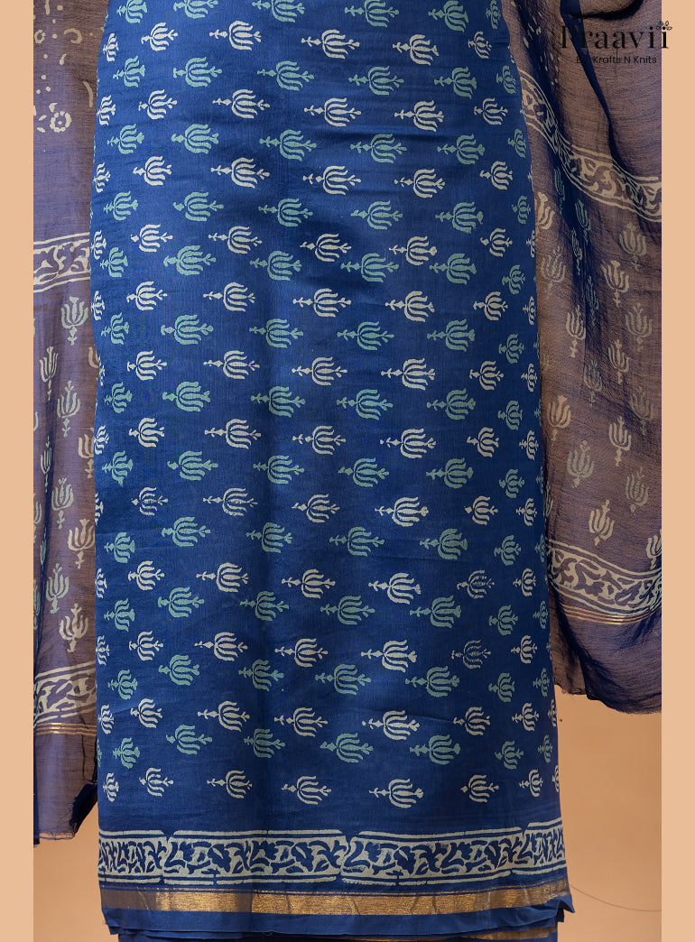 Sapphire Blue Chanderi Silk Handblock Print 2-Piece Suit Set