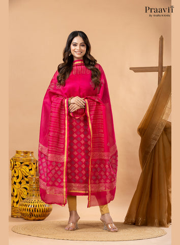 Rani Pink Chanderi Silk Handblock Print 2-Piece Suit Set