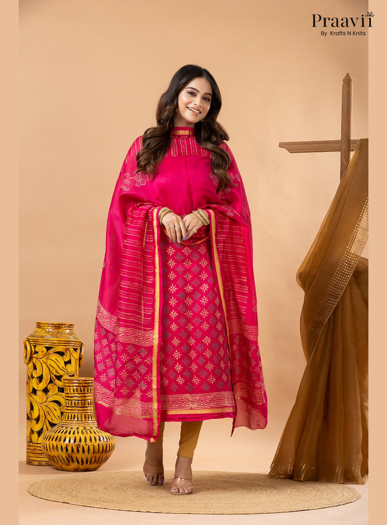 Rani Pink Chanderi Silk Handblock Print 2-Piece Suit Set