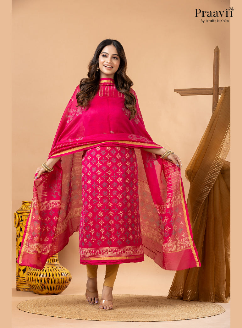 Rani Pink Chanderi Silk Handblock Print 2-Piece Suit Set