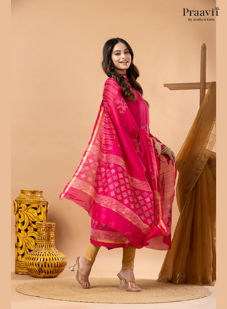 Rani Pink Chanderi Silk Handblock Print 2-Piece Suit Set