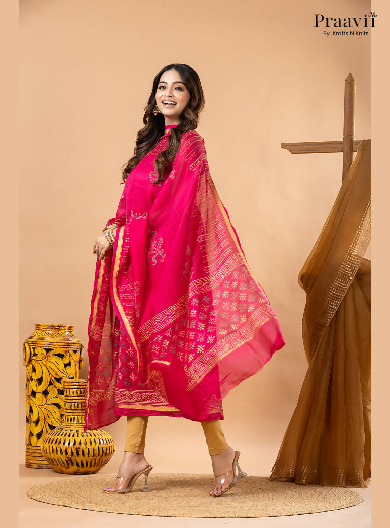 Rani Pink Chanderi Silk Handblock Print 2-Piece Suit Set