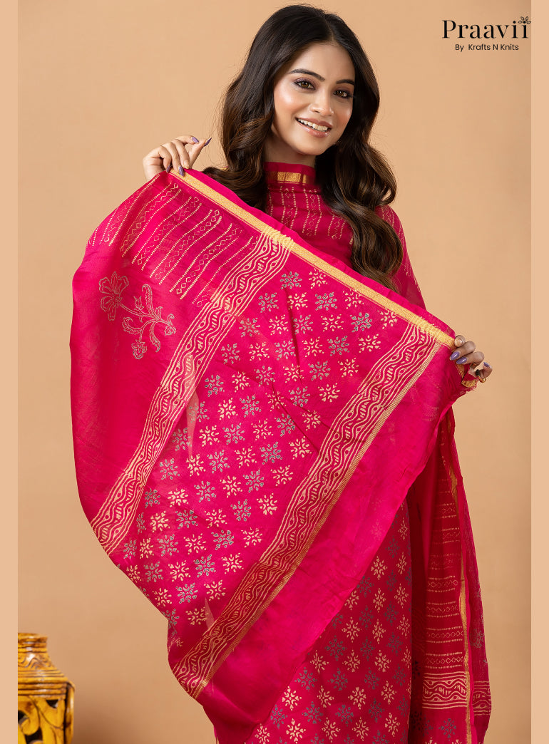 Rani Pink Chanderi Silk Handblock Print 2-Piece Suit Set