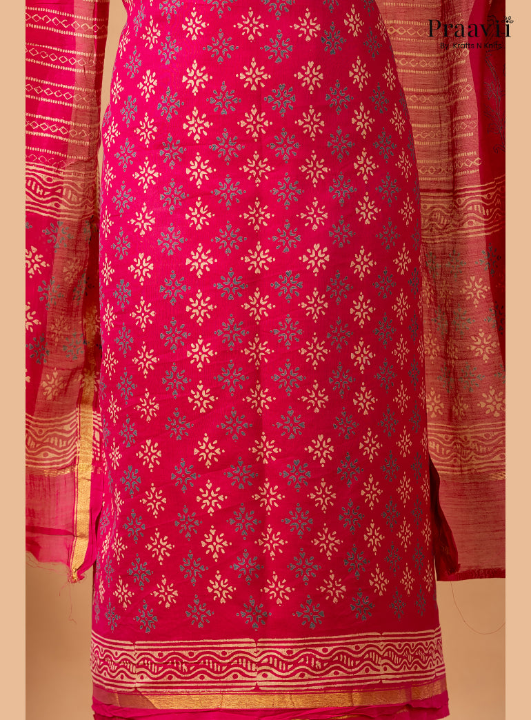 Rani Pink Chanderi Silk Handblock Print 2-Piece Suit Set