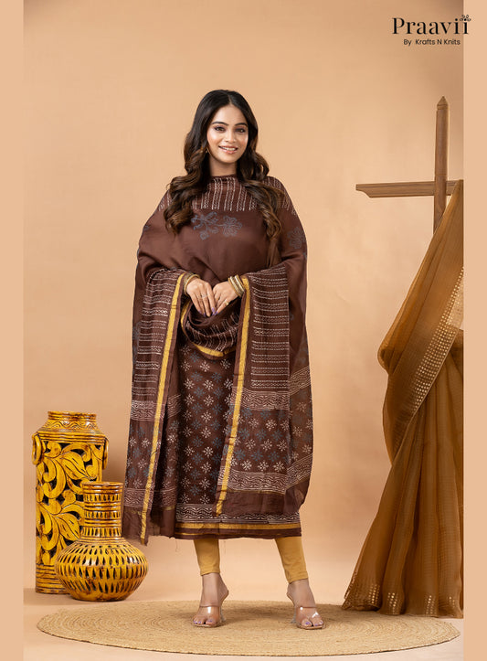 Chocolate Brown Chanderi Silk Handblock Print 2-Piece Suit Set
