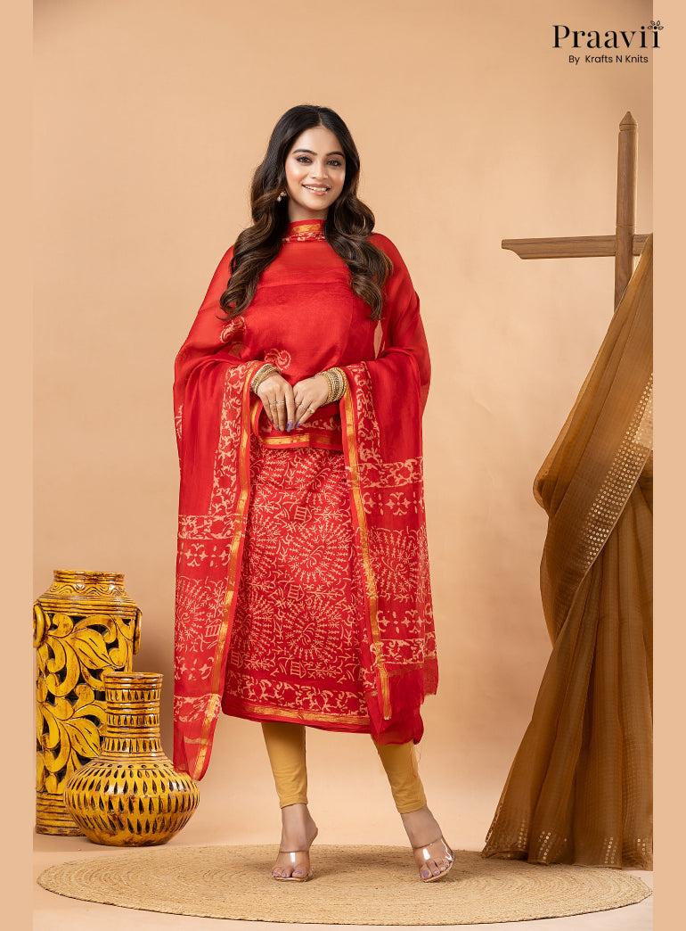 Ruby Red Chanderi Silk Handblock Print 2-Piece Suit Set