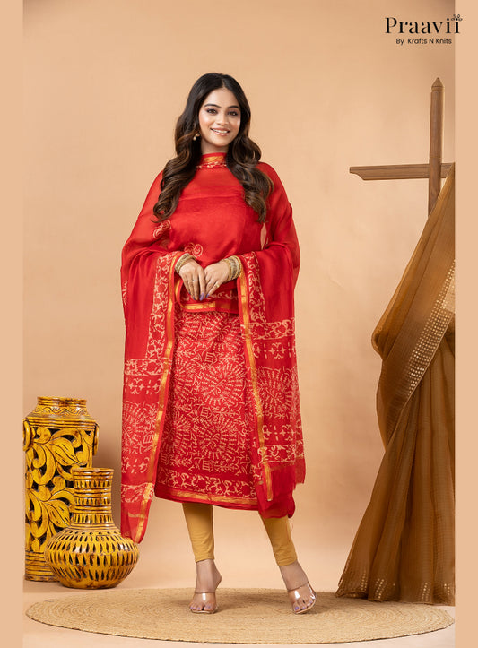 Ruby Red Chanderi Silk Handblock Print 2-Piece Suit Set