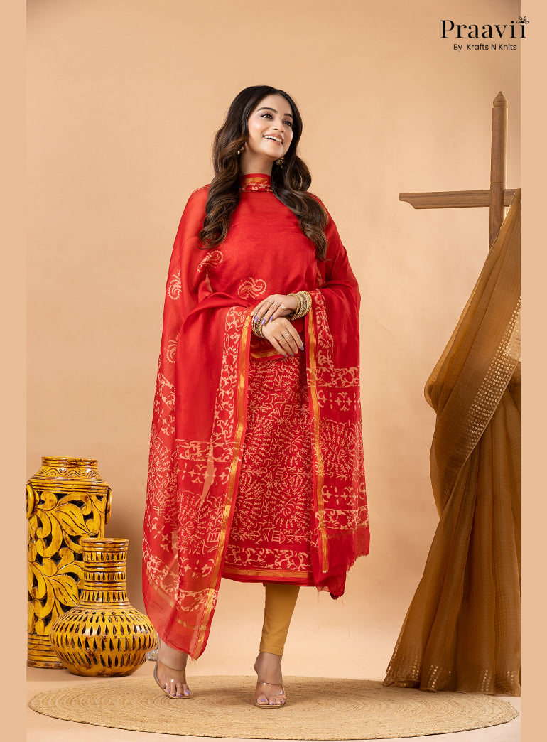 Ruby Red Chanderi Silk Handblock Print 2-Piece Suit Set