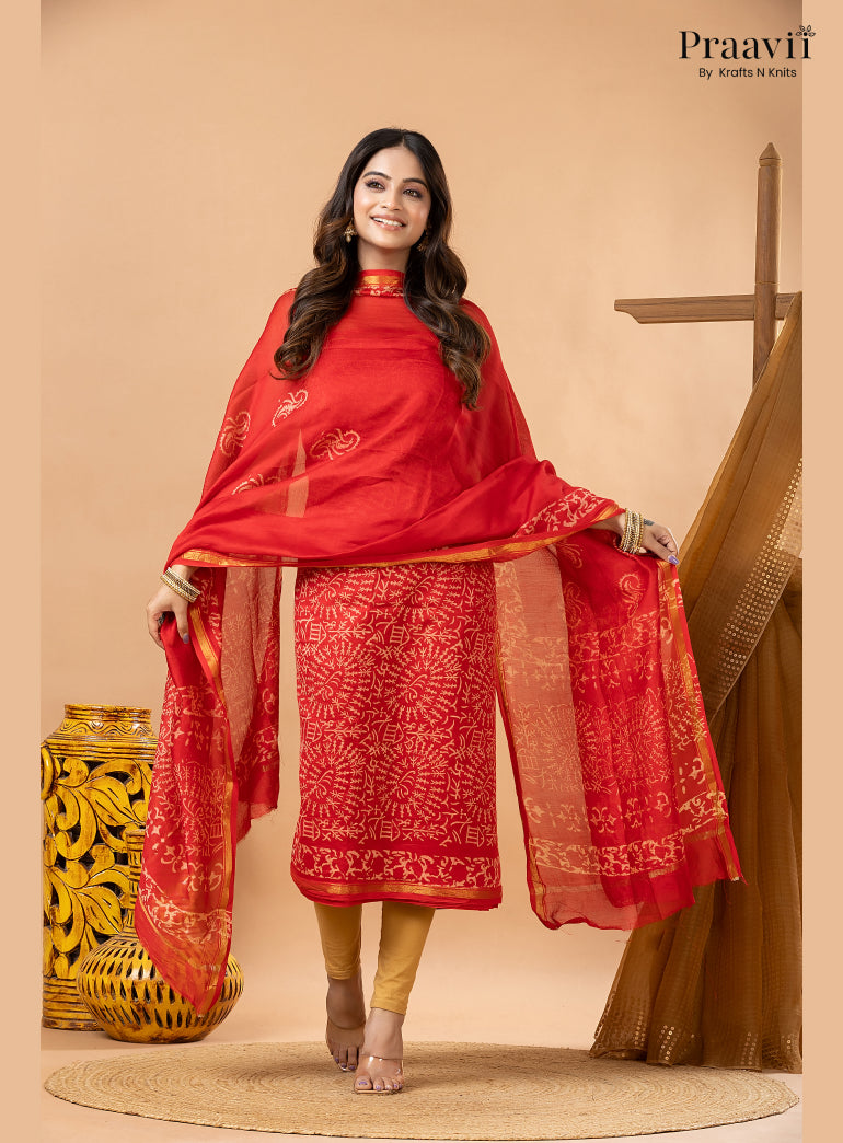 Ruby Red Chanderi Silk Handblock Print 2-Piece Suit Set