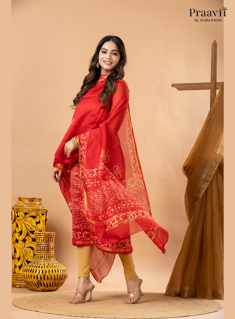 Ruby Red Chanderi Silk Handblock Print 2-Piece Suit Set