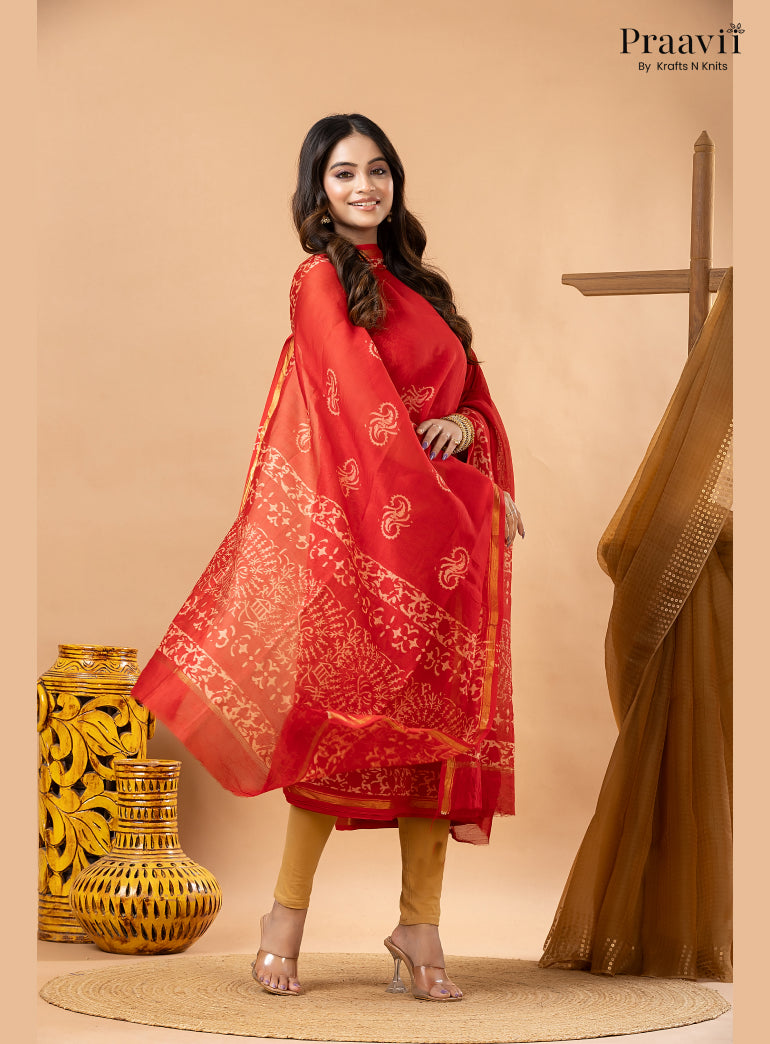 Ruby Red Chanderi Silk Handblock Print 2-Piece Suit Set