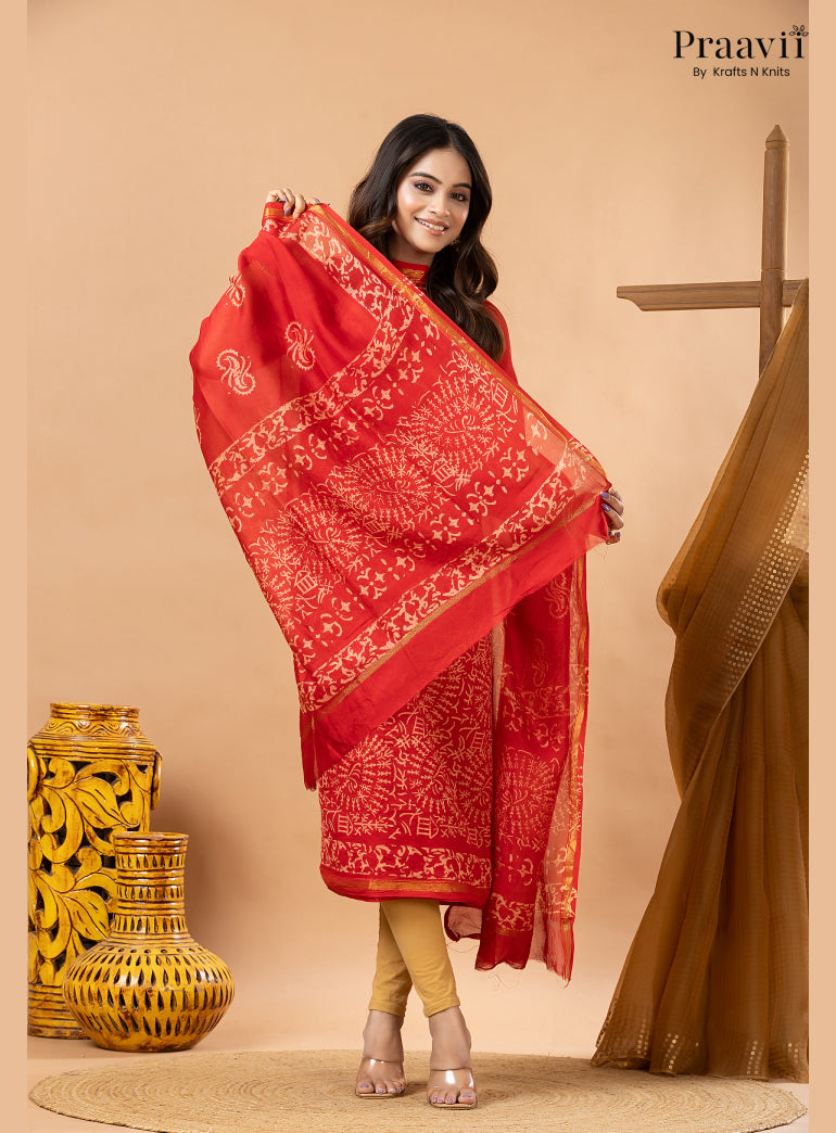 Ruby Red Chanderi Silk Handblock Print 2-Piece Suit Set