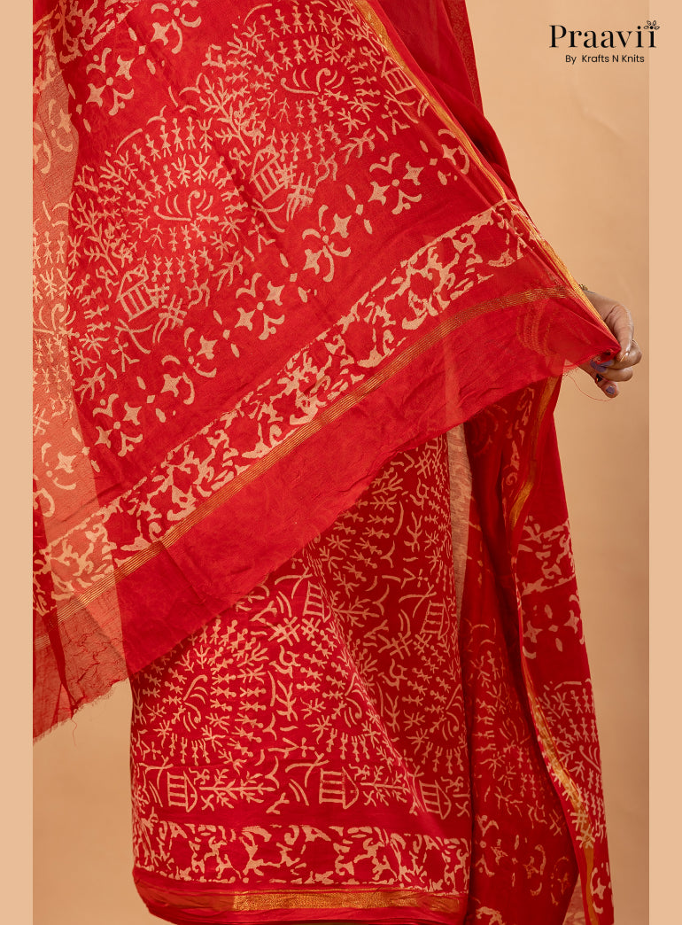 Ruby Red Chanderi Silk Handblock Print 2-Piece Suit Set