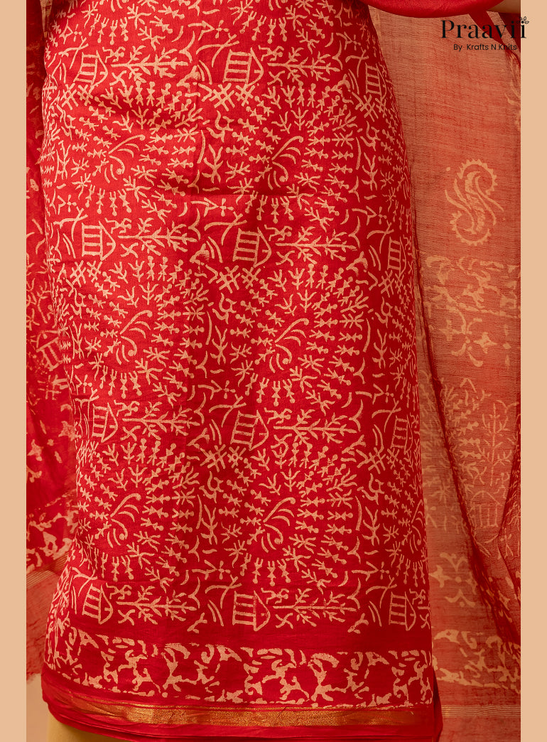 Ruby Red Chanderi Silk Handblock Print 2-Piece Suit Set