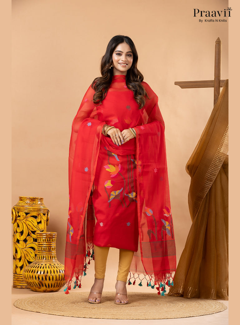 Bright Red Muslin Lotus Jamdani Handwoven 2-Piece Suit Set