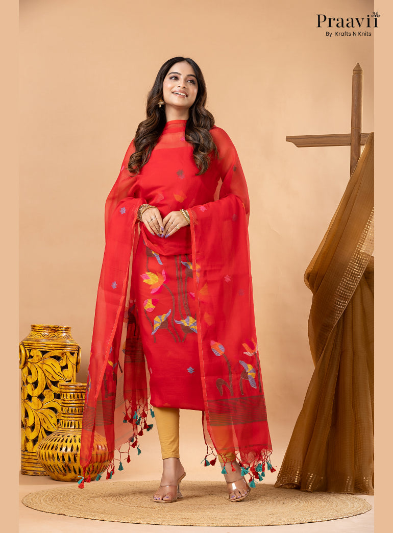 Bright Red Muslin Lotus Jamdani Handwoven 2-Piece Suit Set