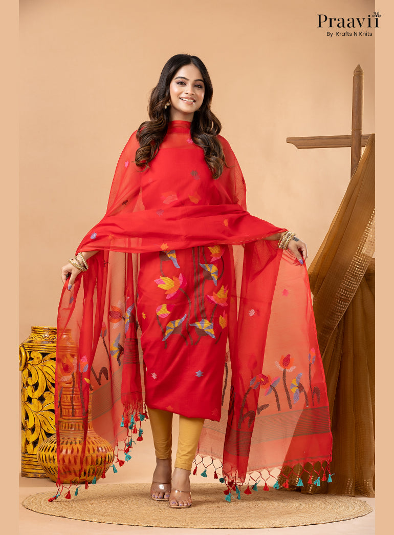 Bright Red Muslin Lotus Jamdani Handwoven 2-Piece Suit Set