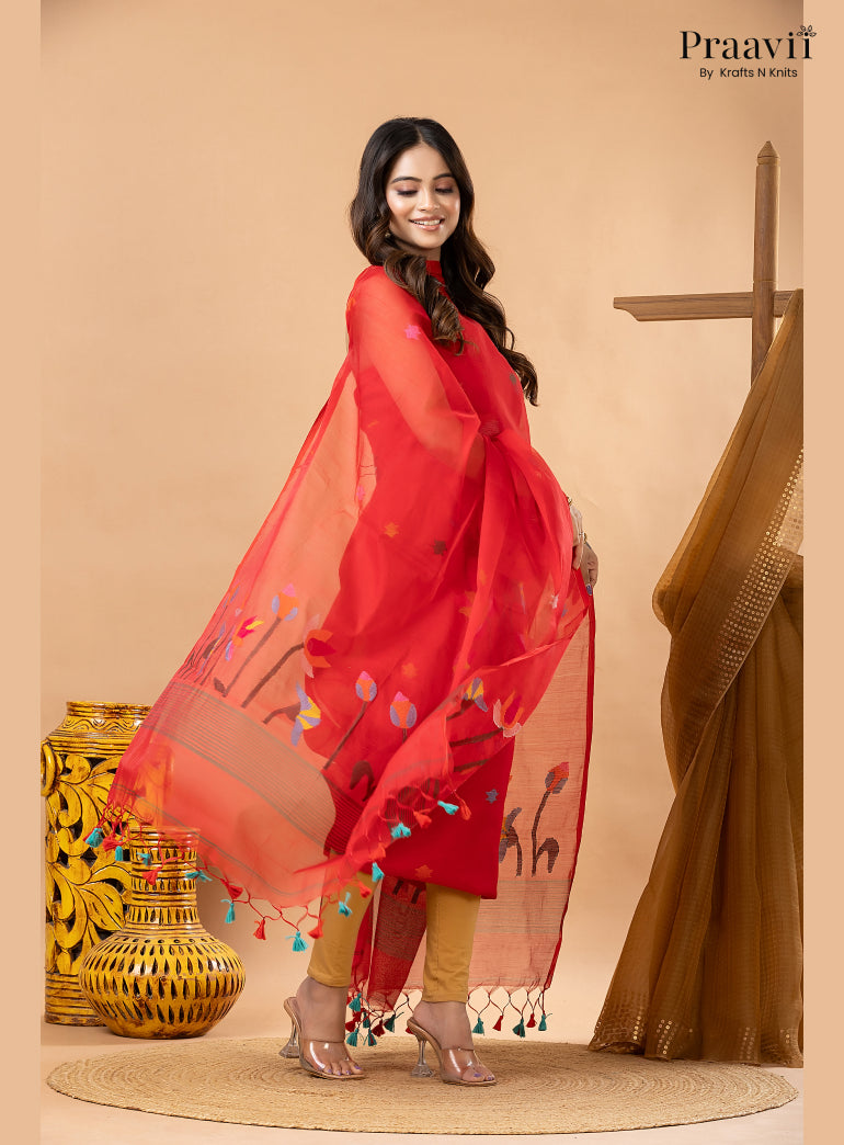 Bright Red Muslin Lotus Jamdani Handwoven 2-Piece Suit Set
