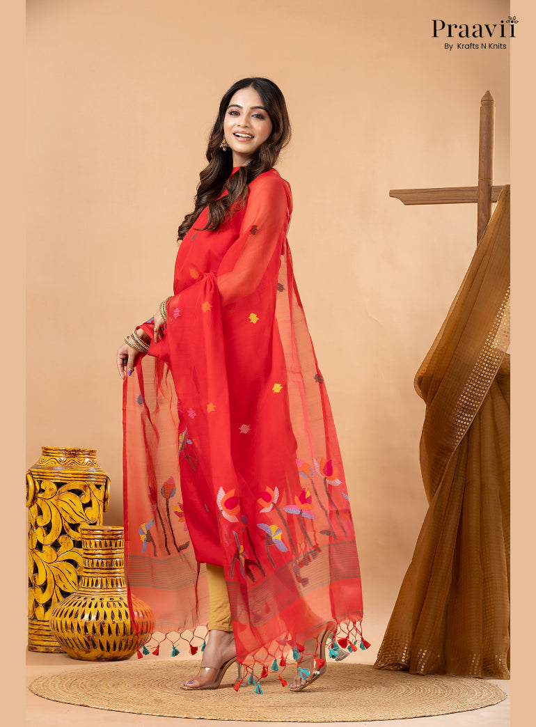 Bright Red Muslin Lotus Jamdani Handwoven 2-Piece Suit Set