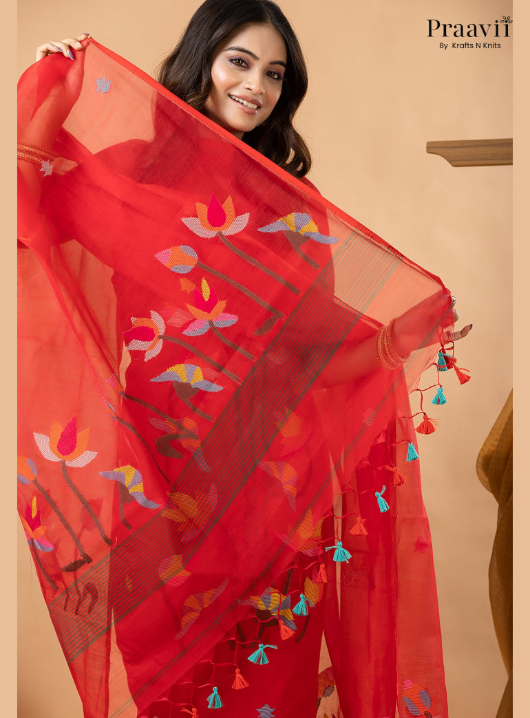 Bright Red Muslin Lotus Jamdani Handwoven 2-Piece Suit Set