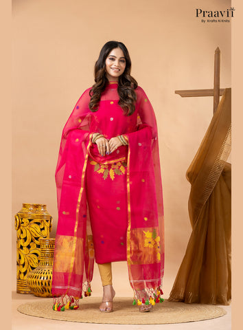 Rani Pink Muslin Jamdani 2-Piece Suit Set with Tissue Dupatta