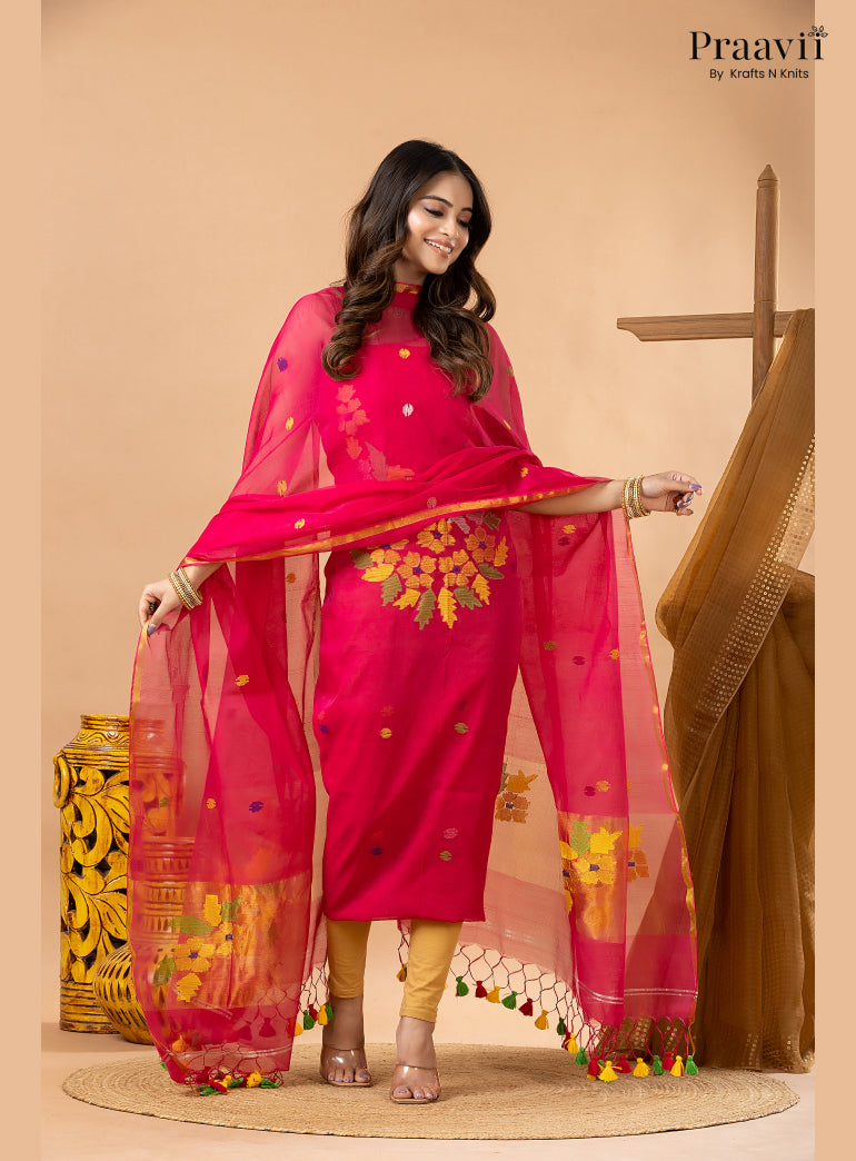Rani Pink Muslin Jamdani 2-Piece Suit Set with Tissue Dupatta