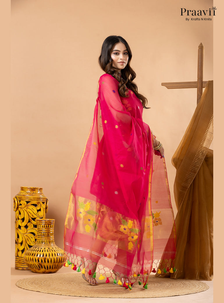 Rani Pink Muslin Jamdani 2-Piece Suit Set with Tissue Dupatta